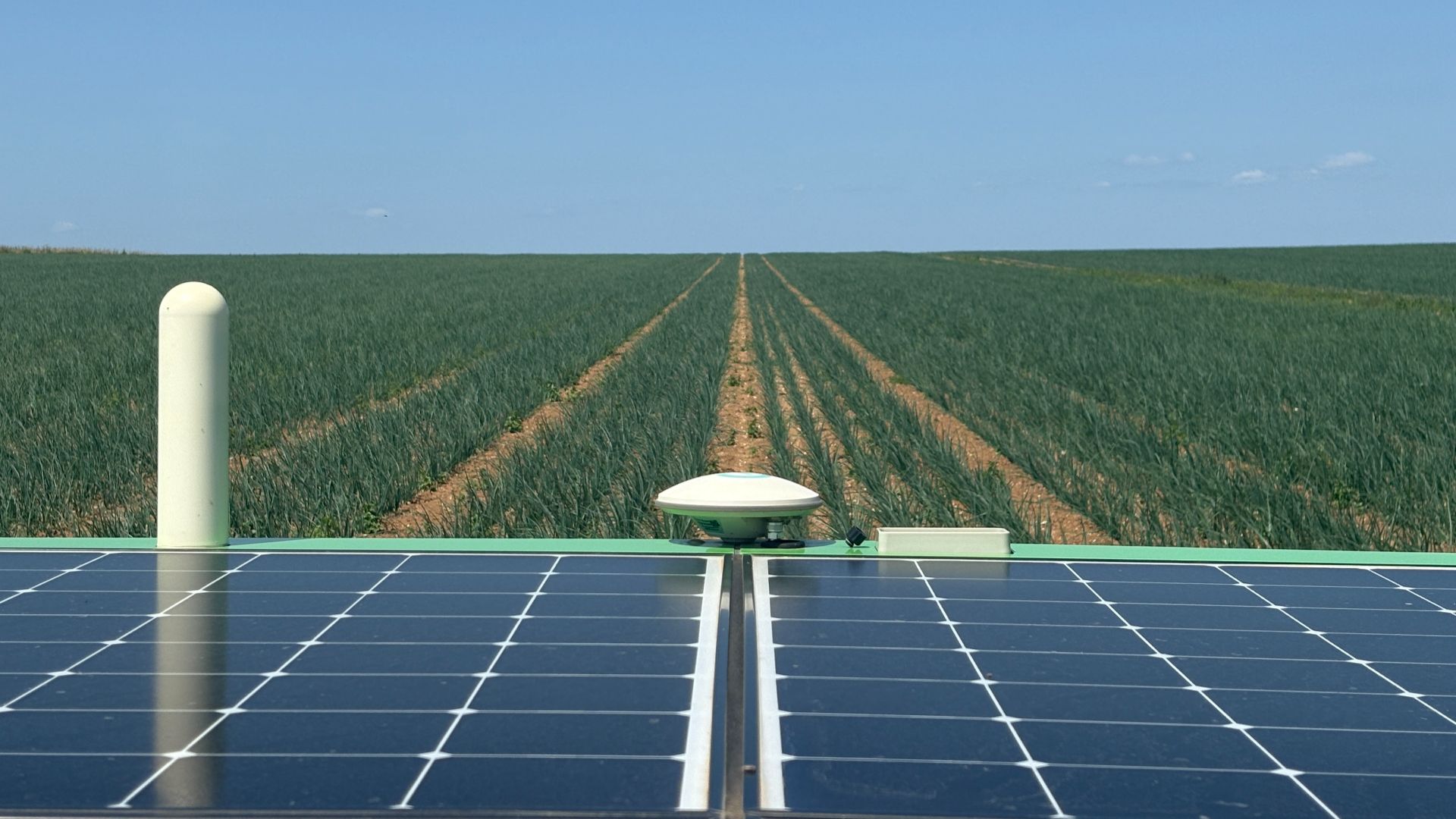 FarmDroid FD20 solar panels in an onion field in France