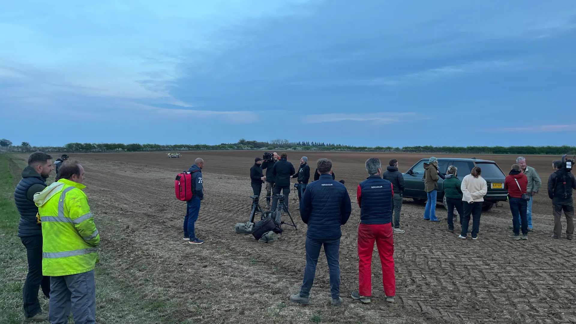 Clarksons Farm tv crew standing with FarmDroid